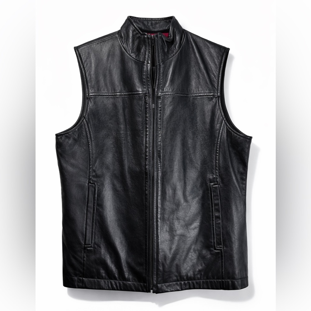 Black Leather Vest Full Zip Moto Biker Minimalist Layering Piece
